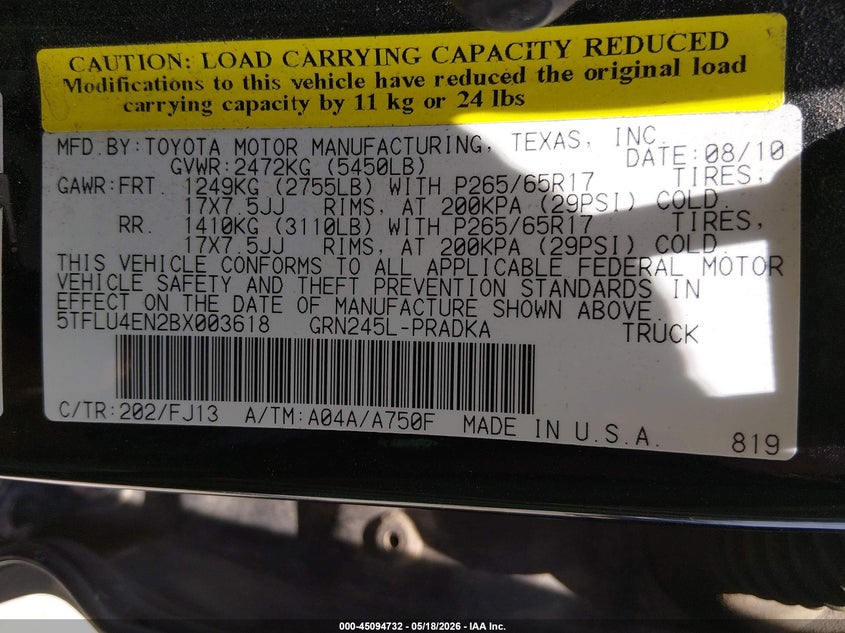 2011 Toyota Tacoma VIN 5TFLU4EN2BX003618 IAAI salvage auction — HAIL, Salvage (Kansas), sold $10,400 on 2026-07-24 (photo 9)