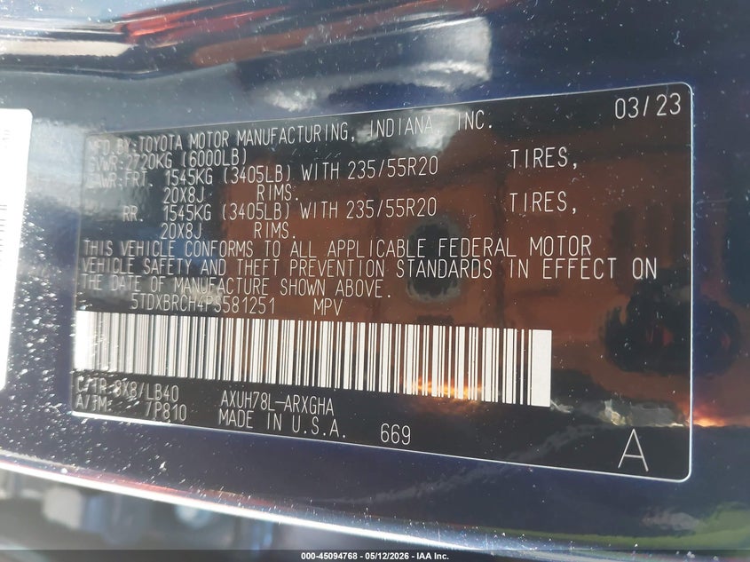 2023 Toyota Highlander VIN 5TDXBRCH4PS581251 IAAI salvage auction — FRONT END, Salvage - 75% Or Less (Maryland), sold $16,900 on 2026-07-29 (photo 9)
