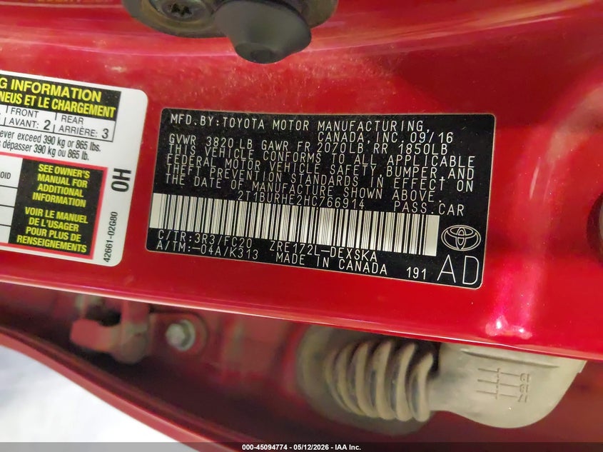 2017 Toyota Corolla VIN 2T1BURHE2HC766914 IAAI salvage auction — REAR END, Salvage (Colorado), sold $3,750 on 2026-07-11 (photo 9)