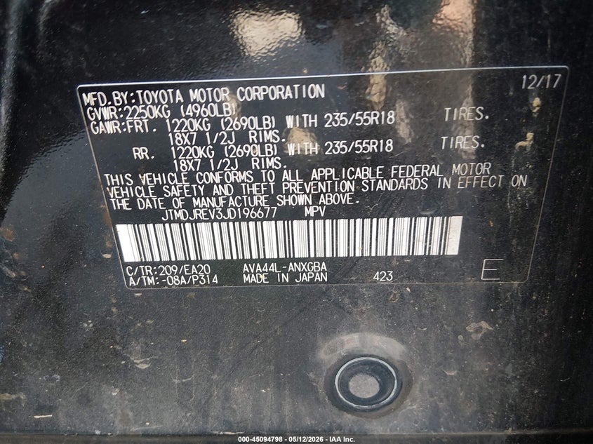 2018 Toyota Rav 4 VIN JTMDJREV3JD196677 IAAI salvage auction — RIGHT SIDE, Salvage (Mississippi), sold $825 on 2026-07-15 (photo 9)