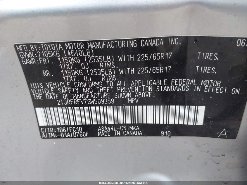 2016 Toyota Rav 4 VIN 2T3RFREV7GW509359 IAAI salvage auction — SIDE, Salvage (Pennsylvania), sold $4,050 on 2026-07-24 (photo 9)