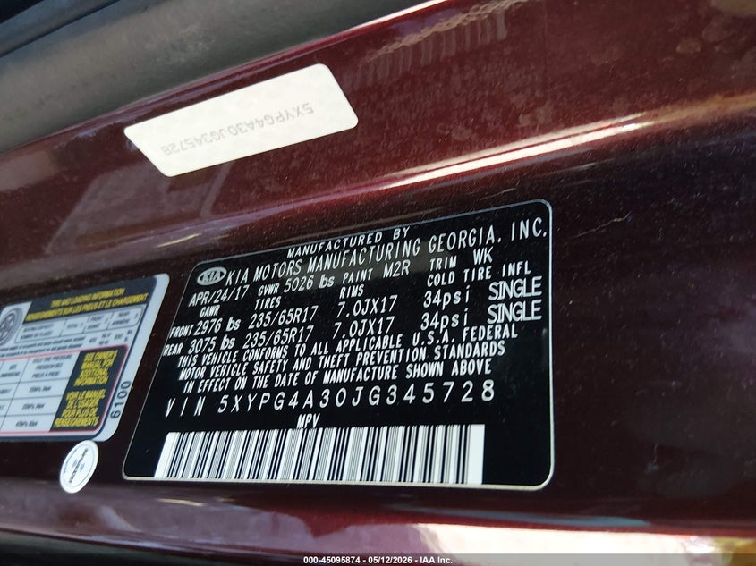 2018 Kia Sorento VIN 5XYPG4A30JG345728 IAAI salvage auction — FRONT END, Salvage (Tennessee), sold $1,250 on 2026-07-09 (photo 9)