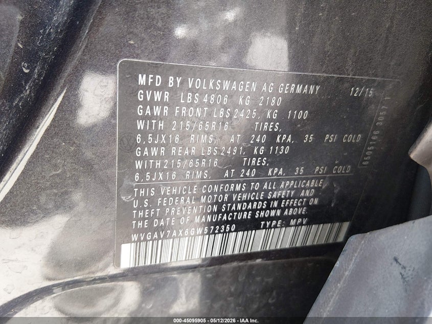 2016 Volkswagen Tiguan VIN WVGAV7AX6GW572350 IAAI salvage auction — NORMAL WEAR, Clear (Louisiana), sold $1,500 on 2026-07-06 (photo 9)