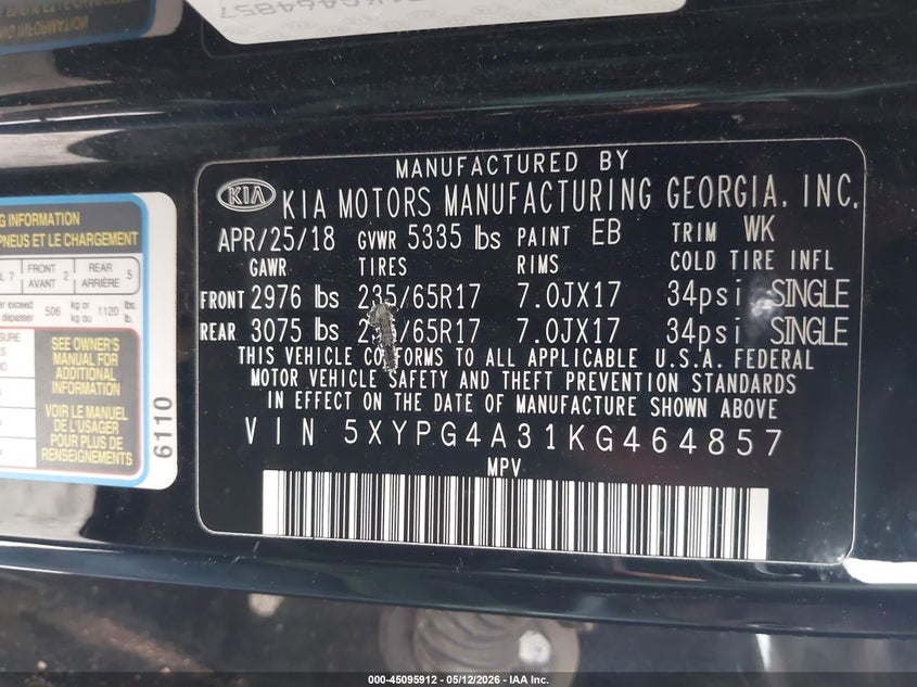 2019 Kia Sorento VIN 5XYPG4A31KG464857 IAAI salvage auction — ALL OVER, Salvage (Idaho), sold $275 on 2026-07-16 (photo 9)