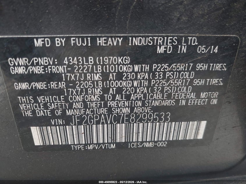 2014 Subaru Xv VIN JF2GPAVC7E8299533 IAAI salvage auction — FRONT END, Salvage (California), sold $325 on 2026-07-15 (photo 9)