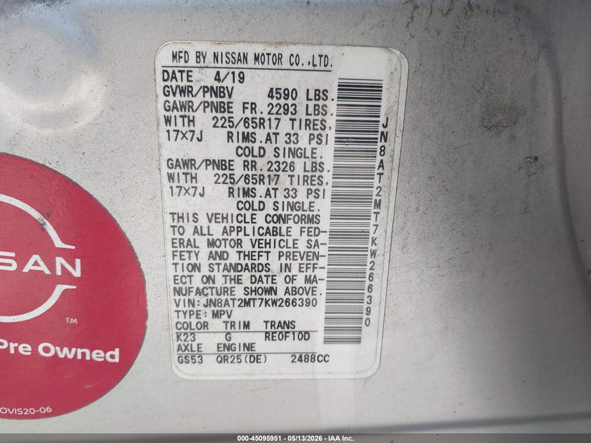 2019 Nissan Rogue VIN JN8AT2MT7KW266390 IAAI salvage auction — FRONT END, Salvage (North Carolina), sold $2,475 on 2026-07-27 (photo 9)