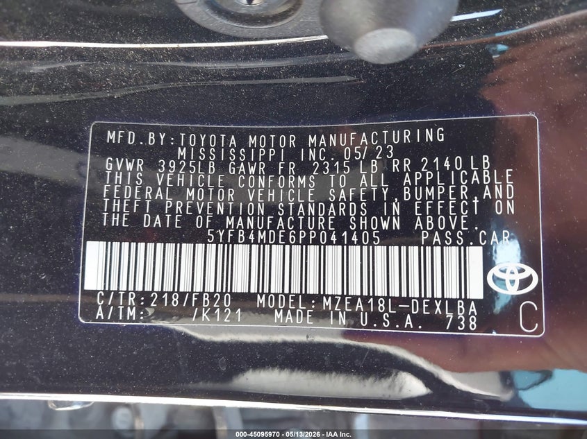 2023 Toyota Corolla VIN 5YFB4MDE6PP041405 IAAI salvage auction — FRONT END, Salvage (Texas), sold $3,800 on 2026-07-14 (photo 9)