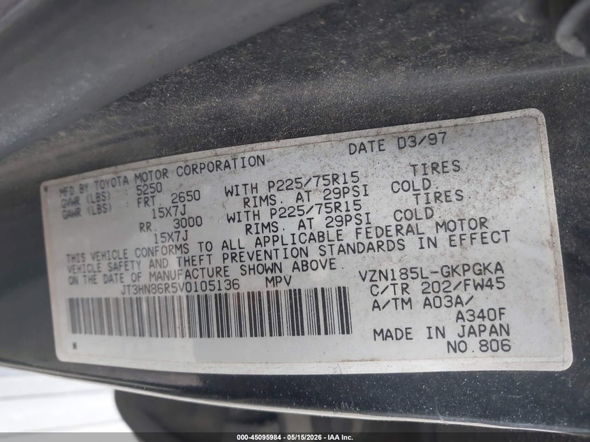 1997 Toyota 4runner VIN JT3HN86R5V0105136 IAAI salvage auction — NORMAL WEAR, Clear (New Jersey), sold $25 on 2026-07-29 (photo 9)