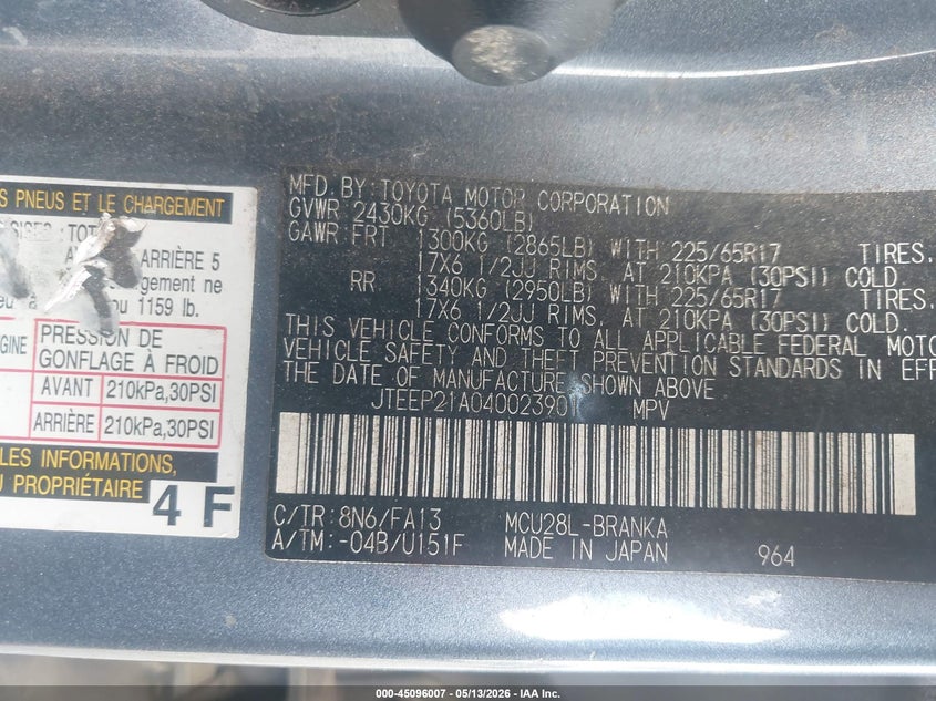 2004 Toyota Highlander VIN JTEEP21A040023901 IAAI salvage auction — ALL OVER, Salvage (Georgia), sold $575 on 2026-07-09 (photo 9)