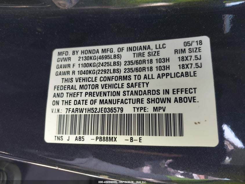 2018 Honda Cr-v VIN 7FARW1H52JE036579 IAAI salvage auction — FRONT END, Original (Texas), sold $5,050 on 2026-07-21 (photo 9)