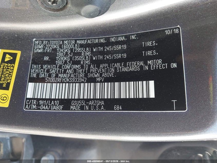 2019 Toyota Highlander VIN 5TDDZRFH2KS933942 IAAI salvage auction — HAIL, Clear (Oklahoma), sold $13,500 on 2026-07-08 (photo 9)