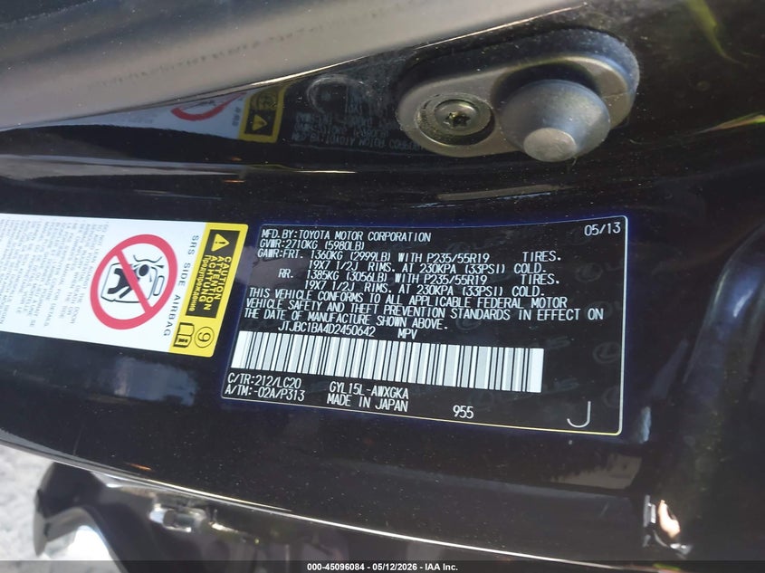 2013 Lexus Rx VIN JTJBC1BA4D2450642 IAAI salvage auction — BIO HAZARD, Bill Of Sale (Washington), sold $1,925 on 2026-07-28 (photo 9)