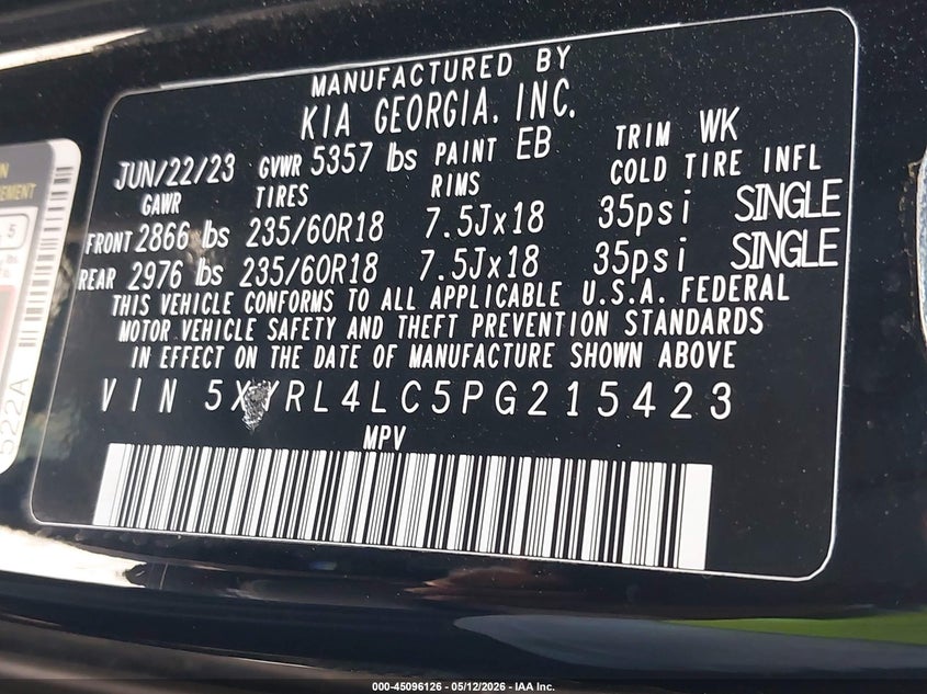 2023 Kia Sorento VIN 5XYRL4LC5PG215423 IAAI salvage auction — REAR END, Salvage (Arkansas), sold $5,300 on 2026-07-29 (photo 9)