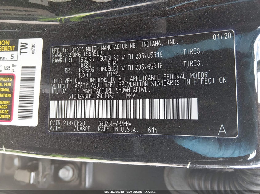 2020 Toyota Highlander VIN 5TDHZRBH5LS501063 IAAI salvage auction — REPOSSESSION, Salvage (Virginia), sold $13,450 on 2026-07-14 (photo 9)