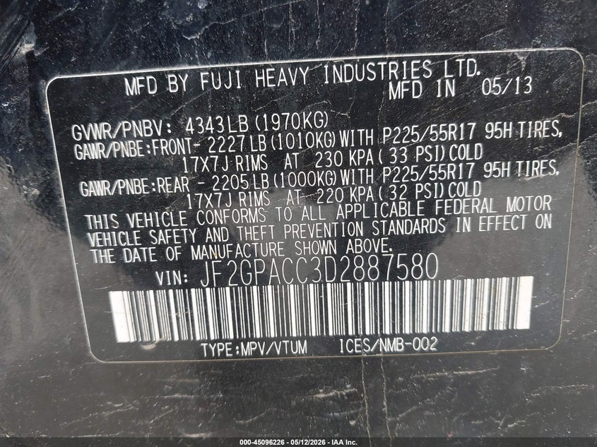 2013 Subaru Xv VIN JF2GPACC3D2887580 IAAI salvage auction — NORMAL WEAR, Salvage (Texas), sold $700 on 2026-07-30 (photo 9)