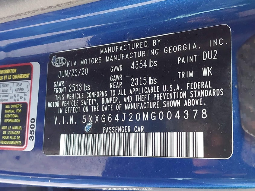 2021 Kia K5 VIN 5XXG64J20MG004378 IAAI salvage auction — HAIL, Original (Texas), sold $5,525 on 2026-07-21 (photo 9)