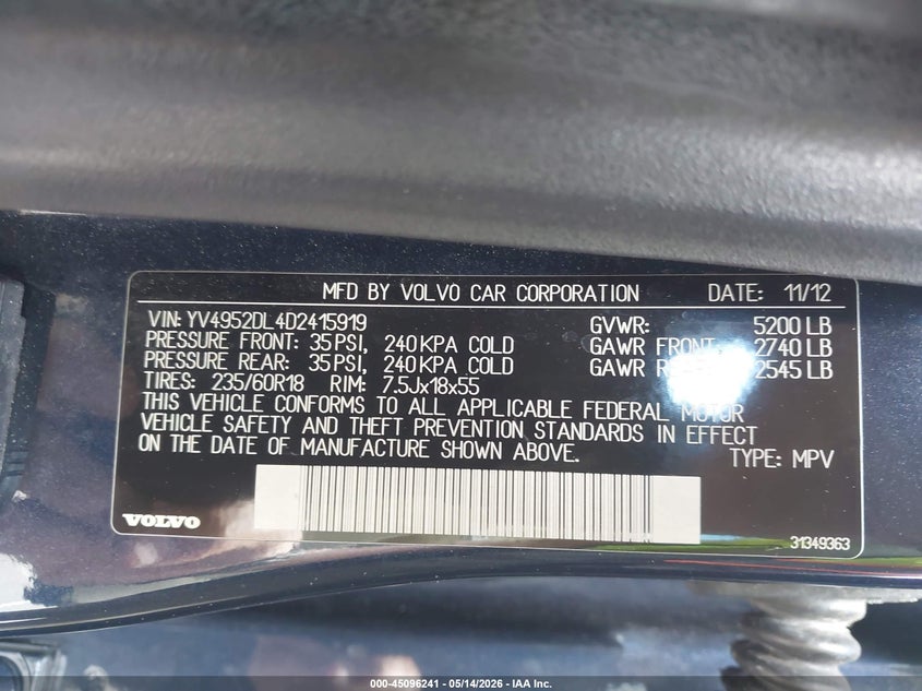 2013 Volvo Xc60 VIN YV4952DL4D2415919 IAAI salvage auction — RIGHT SIDE, Salvage (North Carolina), sold $550 on 2026-07-09 (photo 9)