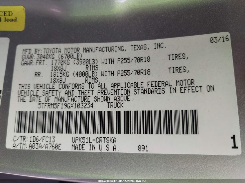 2016 Toyota Tundra VIN 5TFRM5F19GX103234 IAAI salvage auction — FRONT END, Original (Texas), sold $4,500 on 2026-07-09 (photo 9)