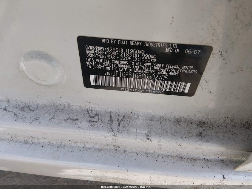2008 Subaru Impreza VIN JF1GE61668G502705 IAAI salvage auction — NORMAL WEAR, Salvage (Texas), sold $300 on 2026-07-29 (photo 9)