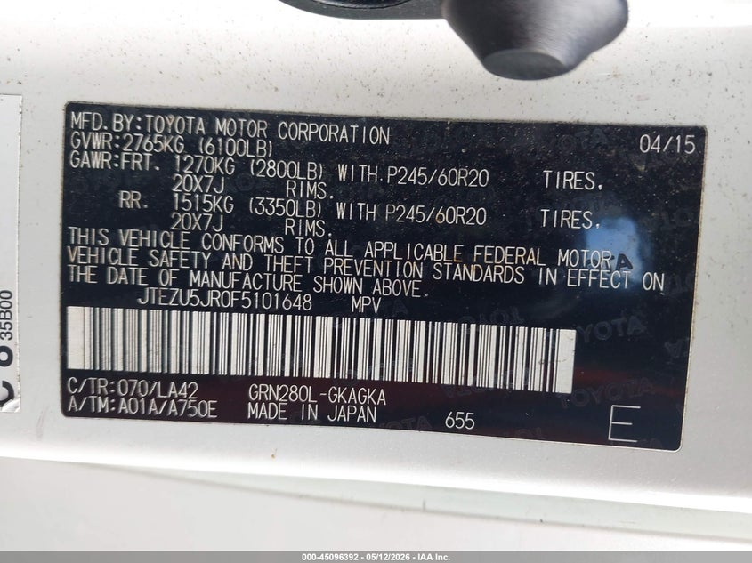 2015 Toyota 4runner VIN JTEZU5JR0F5101648 IAAI salvage auction — FRONT END, Rebuildable (Florida), sold $11,500 on 2026-07-06 (photo 9)