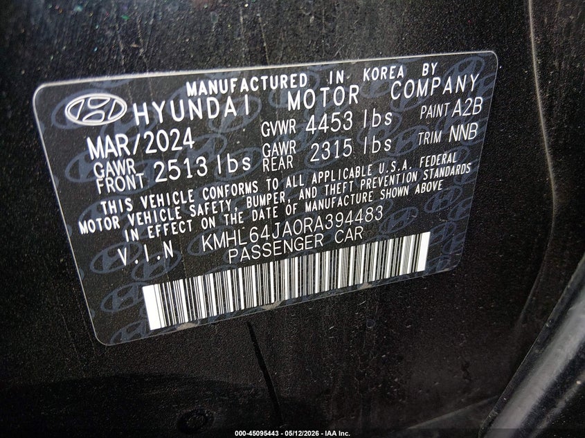 2024 Hyundai Sonata VIN KMHL64JA0RA394483 IAAI salvage auction — FRONT END, Salvage (Arizona), sold $4,200 on 2026-07-14 (photo 9)