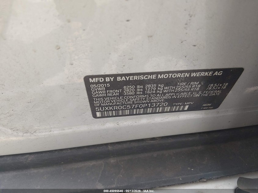 2015 BMW X5 VIN 5UXKR0C57F0P13720 IAAI salvage auction — LEFT REAR, Salvage (New Jersey), sold $3,850 on 2026-07-06 (photo 9)
