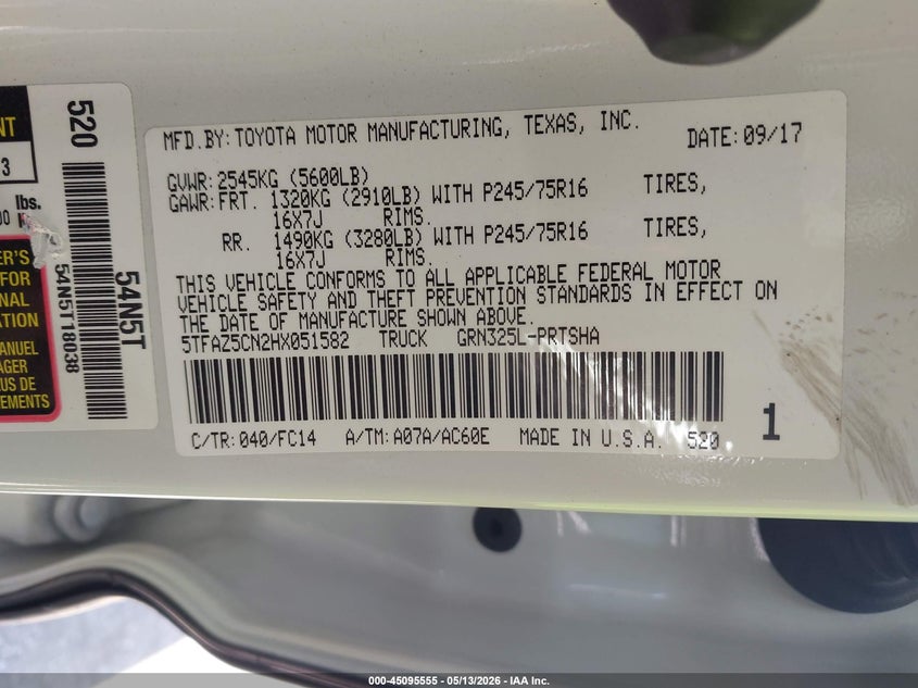 2017 Toyota Tacoma VIN 5TFAZ5CN2HX051582 IAAI salvage auction — FRONT END, Original (Texas), sold $25 on 2026-07-21 (photo 9)
