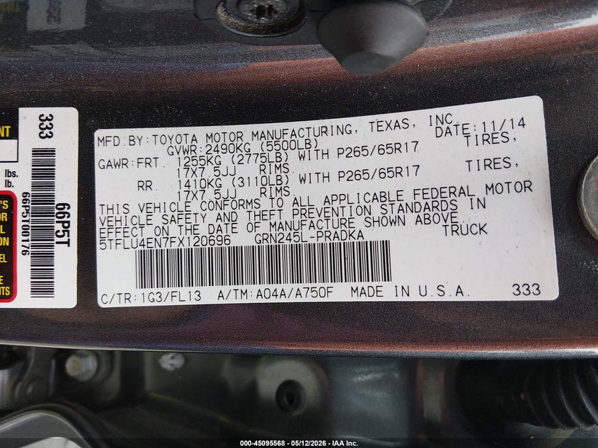 2015 Toyota Tacoma VIN 5TFLU4EN7FX120696 IAAI salvage auction — LEFT SIDE, Salvage (Georgia), sold $7,800 on 2026-07-31 (photo 9)