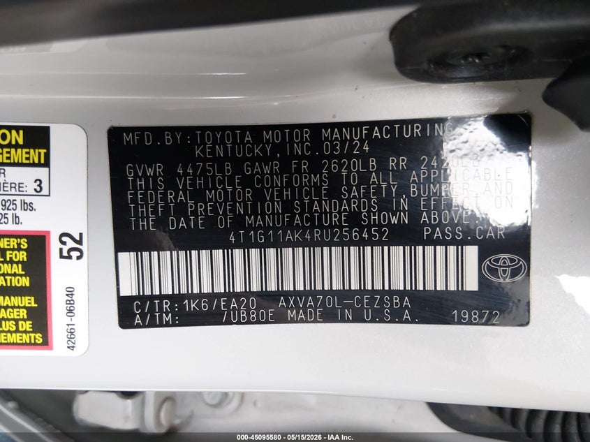 2024 Toyota Camry VIN 4T1G11AK4RU256452 IAAI salvage auction — HAIL, Salvage (Arkansas), sold $12,950 on 2026-07-30 (photo 9)