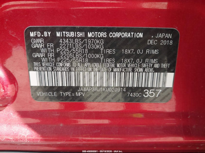 2019 Mitsubishi Outlander VIN JA4AP3AU1KU020914 IAAI salvage auction — HAIL, Salvage (Iowa), sold $2,600 on 2026-07-13 (photo 9)