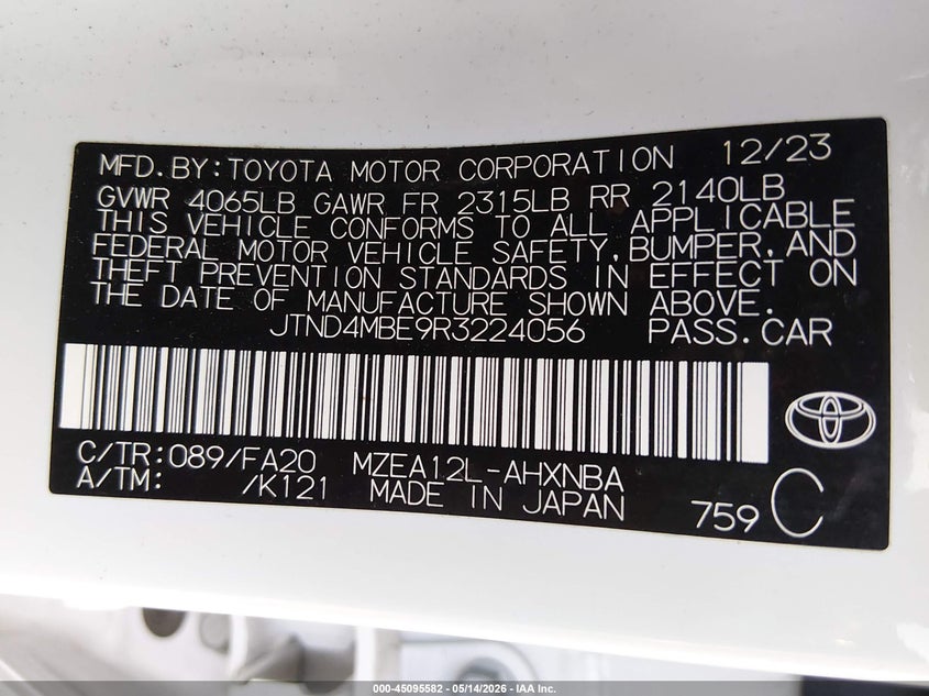 2024 Toyota Corolla VIN JTND4MBE9R3224056 IAAI salvage auction — FRONT END, Salvage (Texas), sold $2,900 on 2026-07-28 (photo 9)