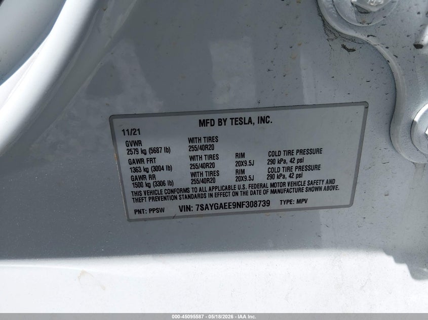 2022 Tesla Model y VIN 7SAYGAEE9NF308739 IAAI salvage auction — LEFT FRONT, Clear (South Carolina), sold $9,100 on 2026-07-15 (photo 9)