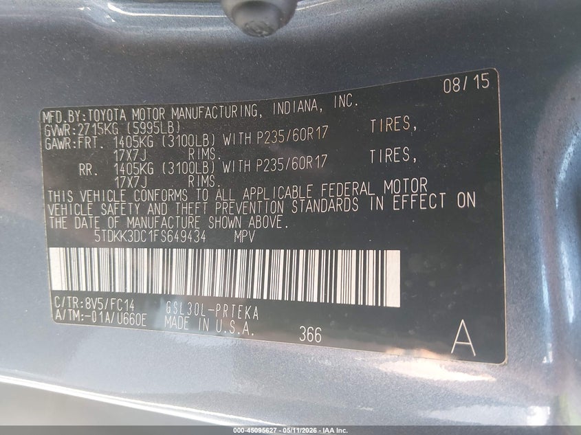 2015 Toyota Sienna VIN 5TDKK3DC1FS649434 IAAI salvage auction — UNKNOWN, Clear - Dealer Only (Hawaii), sold $4,650 on 2026-07-22 (photo 9)