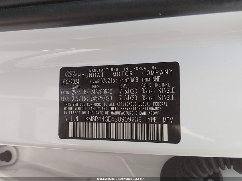 2025 Hyundai Palisade VIN KM8R44GE4SU909239 IAAI salvage auction — FRONT END, Clear (Oklahoma), sold $18,100 on 2026-07-31 (photo 9)