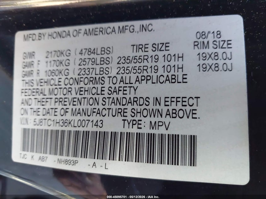 2019 Acura Rdx VIN 5J8TC1H36KL007143 IAAI salvage auction — FRONT END, Salvage (Pennsylvania), sold $4,500 on 2026-07-11 (photo 9)