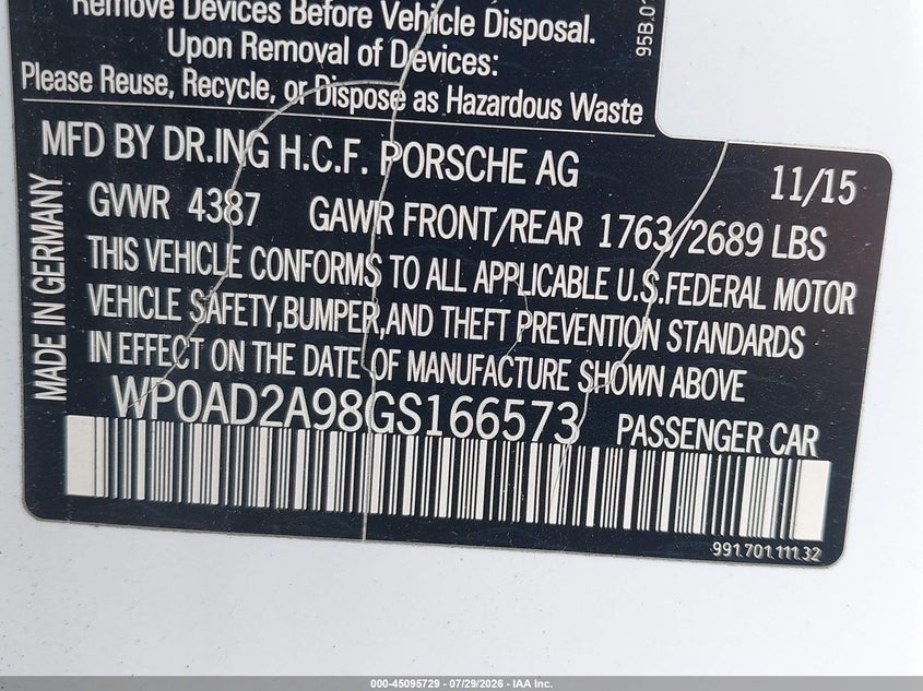 2016 Porsche 911 VIN WP0AD2A98GS166573 IAAI salvage auction — ROLLOVER, Wait Title, sold $26,350 on 2026-09-15 (photo 9)
