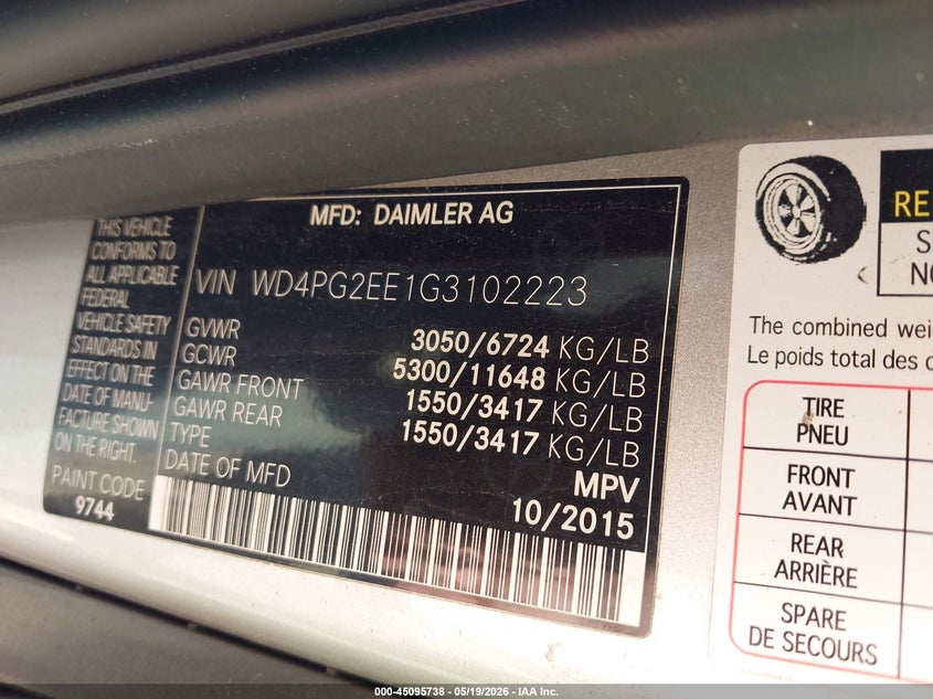 2016 Mercedes-benz Metris VIN WD4PG2EE1G3102223 IAAI salvage auction — REAR END, Mv-907A (New York), sold $2,850 on 2026-07-21 (photo 9)