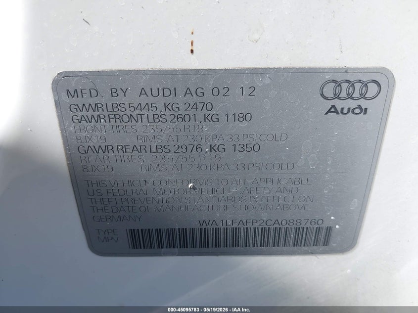 2012 Audi Q5 VIN WA1LFAFP2CA088760 IAAI salvage auction — TOTAL BURN, Non-Repairable Certificate (California), sold $25 on 2026-07-31 (photo 9)