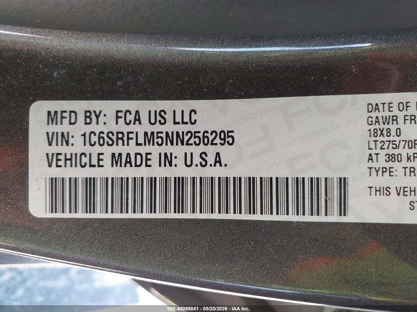 2022 Ram 1500 VIN 1C6SRFLM5NN256295 IAAI salvage auction — HAIL, Original (Texas), sold $17,600 on 2026-07-29 (photo 9)