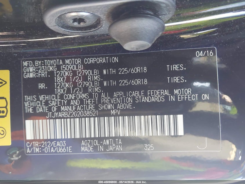 2016 Lexus Nx VIN JTJYARBZ2G2038521 IAAI salvage auction — FRONT & REAR, Salvage (Texas), sold $4,200 on 2026-07-14 (photo 9)
