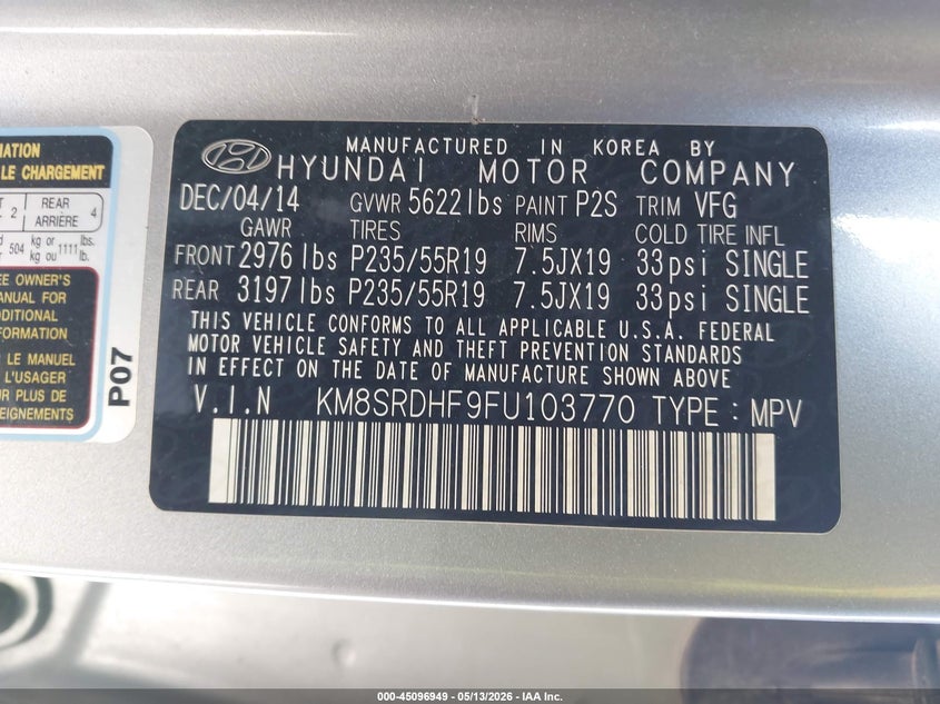 2015 Hyundai Santa fe VIN KM8SRDHF9FU103770 IAAI salvage auction — FRONT END, Salvage (Iowa), sold $2,750 on 2026-07-13 (photo 9)