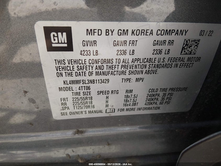 2022 Buick Encore gx VIN KL4MMFSL3NB113429 IAAI salvage auction — LEFT FRONT, Junk Bill Of Sale Mv2459 (Wisconsin), sold $3,175 on 2026-07-15 (photo 9)