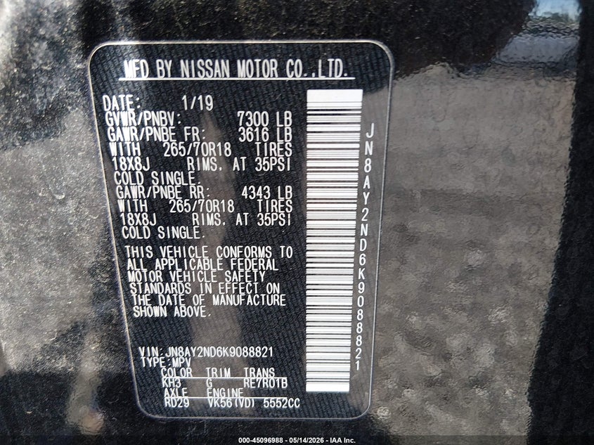 2019 Nissan Armada VIN JN8AY2ND6K9088821 IAAI salvage auction — FRONT END, Salvage (South Carolina), sold $4,700 on 2026-07-20 (photo 9)