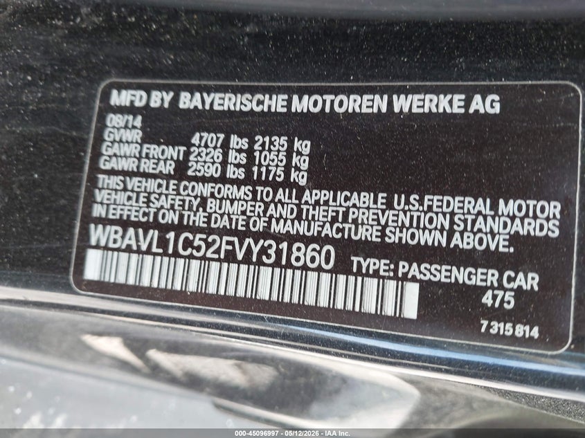 2015 BMW X1 VIN WBAVL1C52FVY31860 IAAI salvage auction — ROLLOVER, Salvage (Illinois), sold $450 on 2026-07-14 (photo 9)