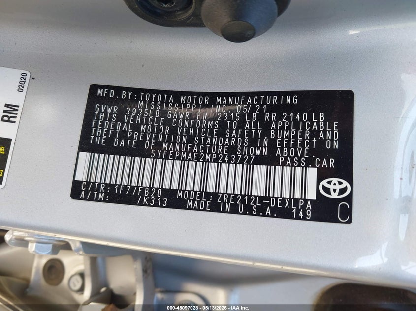 2021 Toyota Corolla VIN 5YFEPMAE2MP243727 IAAI salvage auction — BIOHAZARD/CHEMICAL, Salvage (Georgia), sold $1,250 on 2026-07-08 (photo 9)