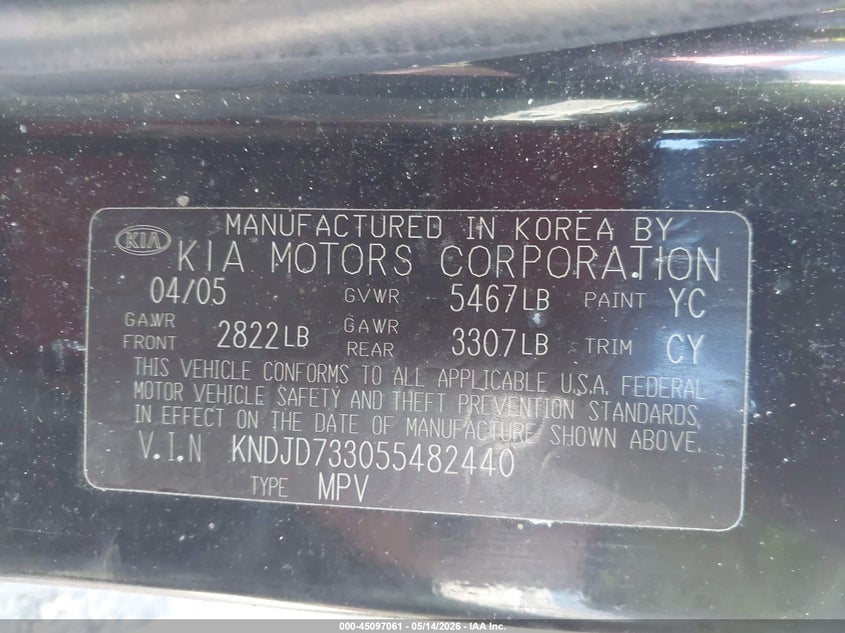 2005 Kia Sorento VIN KNDJD733055482440 IAAI salvage auction — NORMAL WEAR, Clear (Alabama), sold $225 on 2026-07-29 (photo 9)