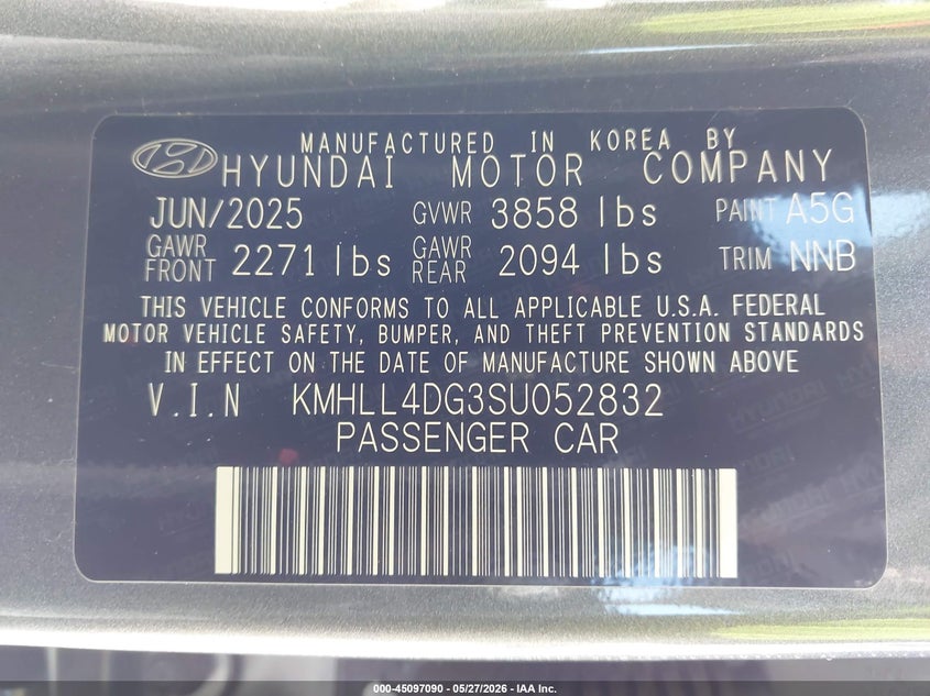 2025 Hyundai Elantra VIN KMHLL4DG3SU052832 IAAI salvage auction — FRONT END, Salvage Title, sold $4,150 on 2026-07-10 (photo 9)