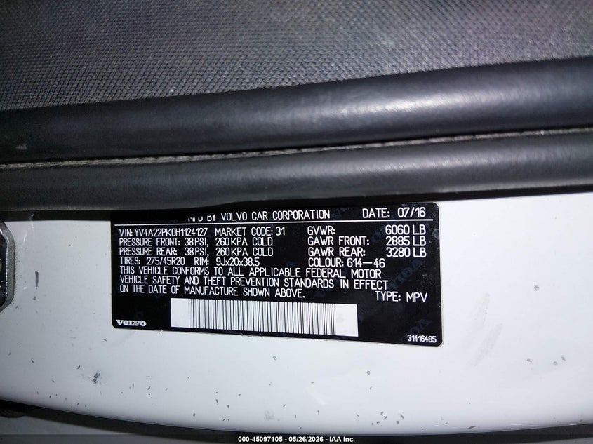 2017 Volvo Xc90 VIN YV4A22PK0H1124127 IAAI salvage auction — FRESH WATER, Salvage (Iowa), sold $6,500 on 2026-07-07 (photo 9)