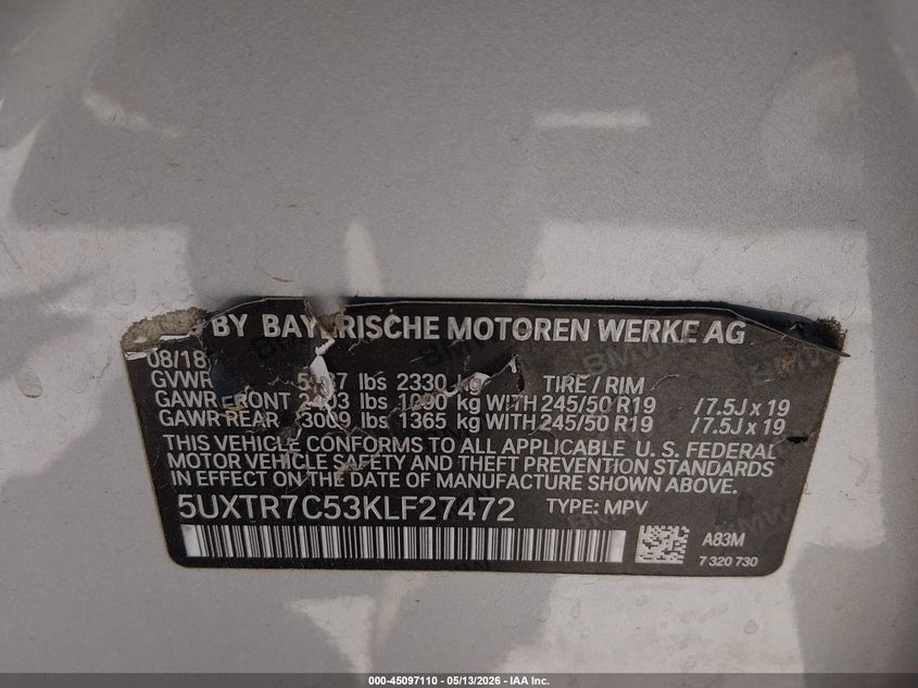 2019 BMW X3 VIN 5UXTR7C53KLF27472 IAAI salvage auction — UNDERCARRIAGE, Salvage (Texas), sold $8,700 on 2026-07-29 (photo 9)