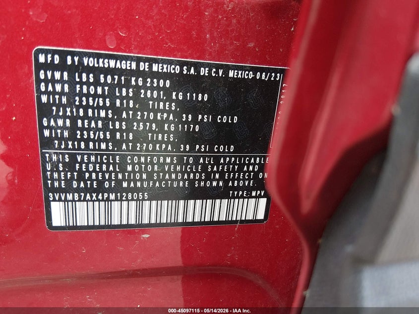2023 Volkswagen Tiguan VIN 3VVMB7AX4PM128055 IAAI salvage auction — HAIL, Salvage (Ohio), sold $11,425 on 2026-07-28 (photo 9)
